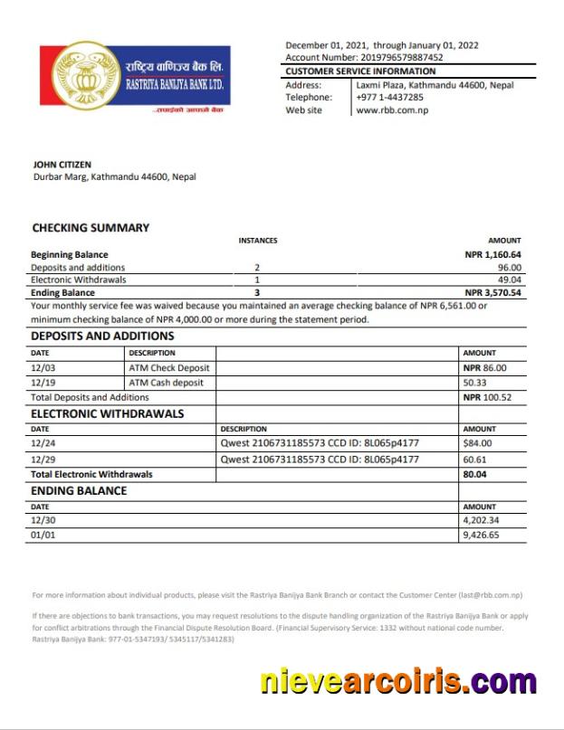 Nepal Rastriya Banijya Bank statement